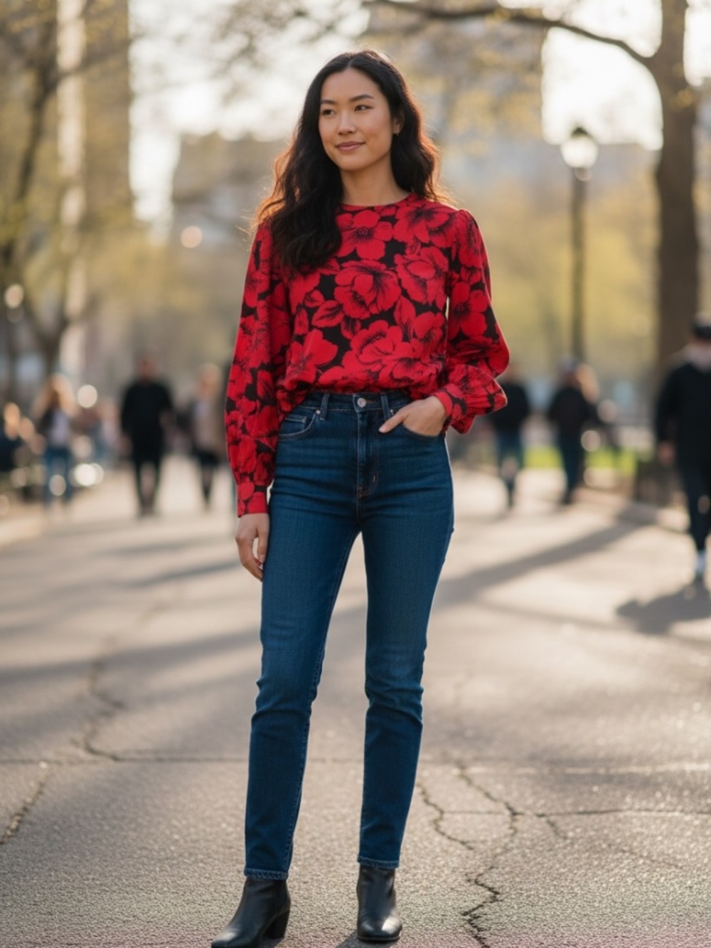 Jones New York  Red Floral Long Sleeve Blouse Size 12